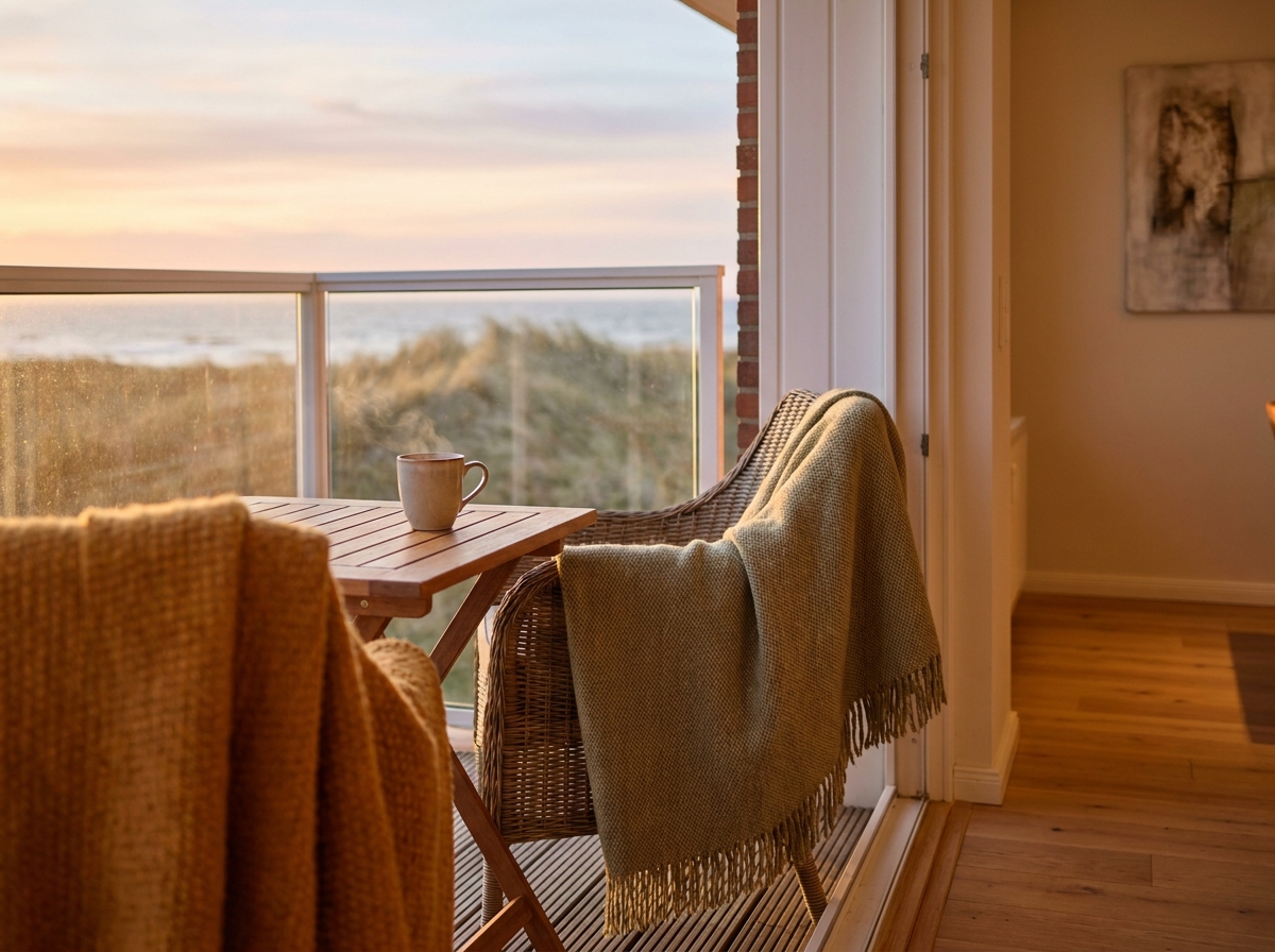Gemütlicher Balkon einer Ferienwohnung auf Sylt mit Decken und Teetasse im goldenen Herbstlicht