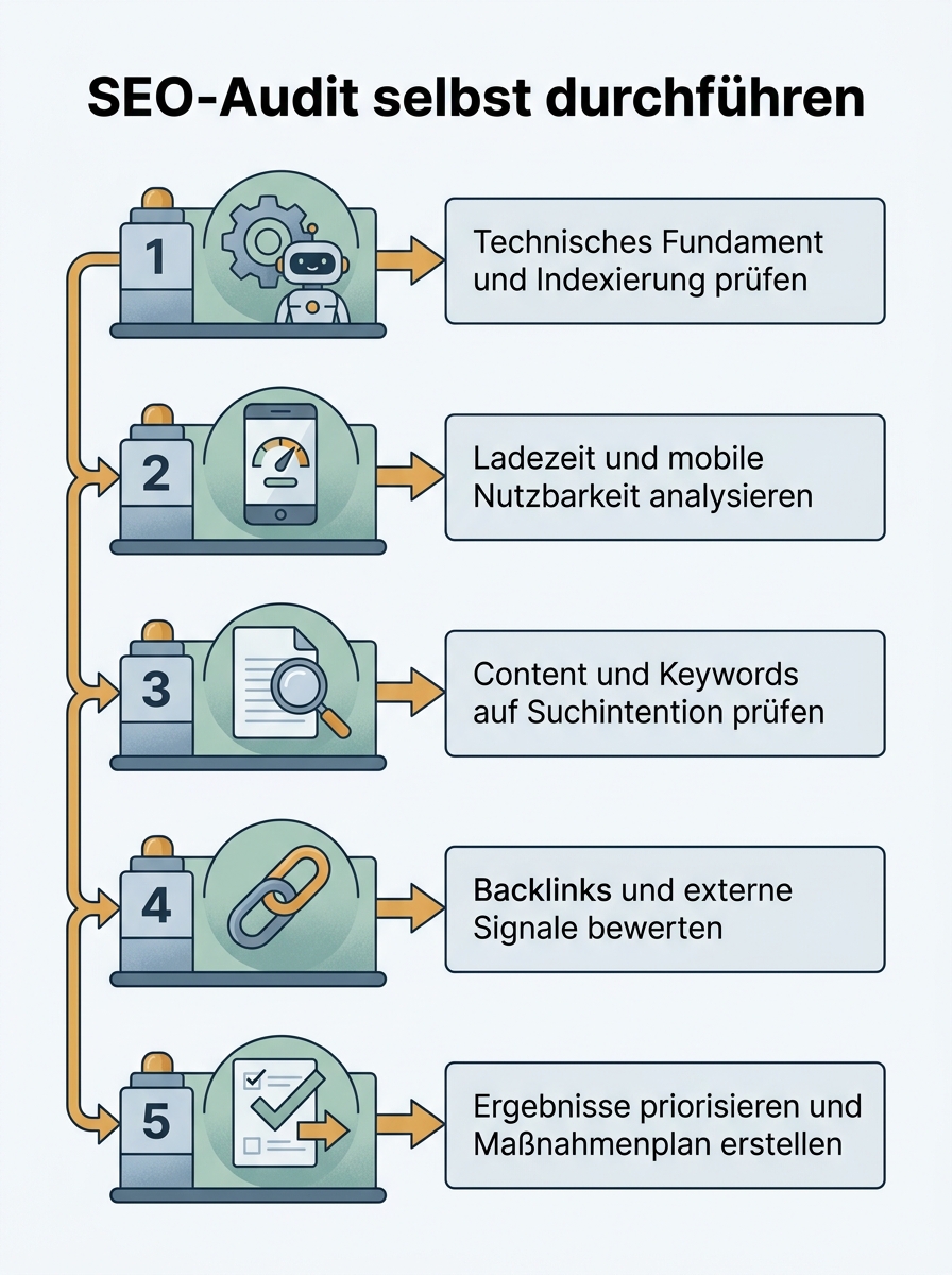 Ablaufdiagramm: SEO-Audit selbst durchführen: Schritt-für-Schritt-Anleitung für Ihre Website