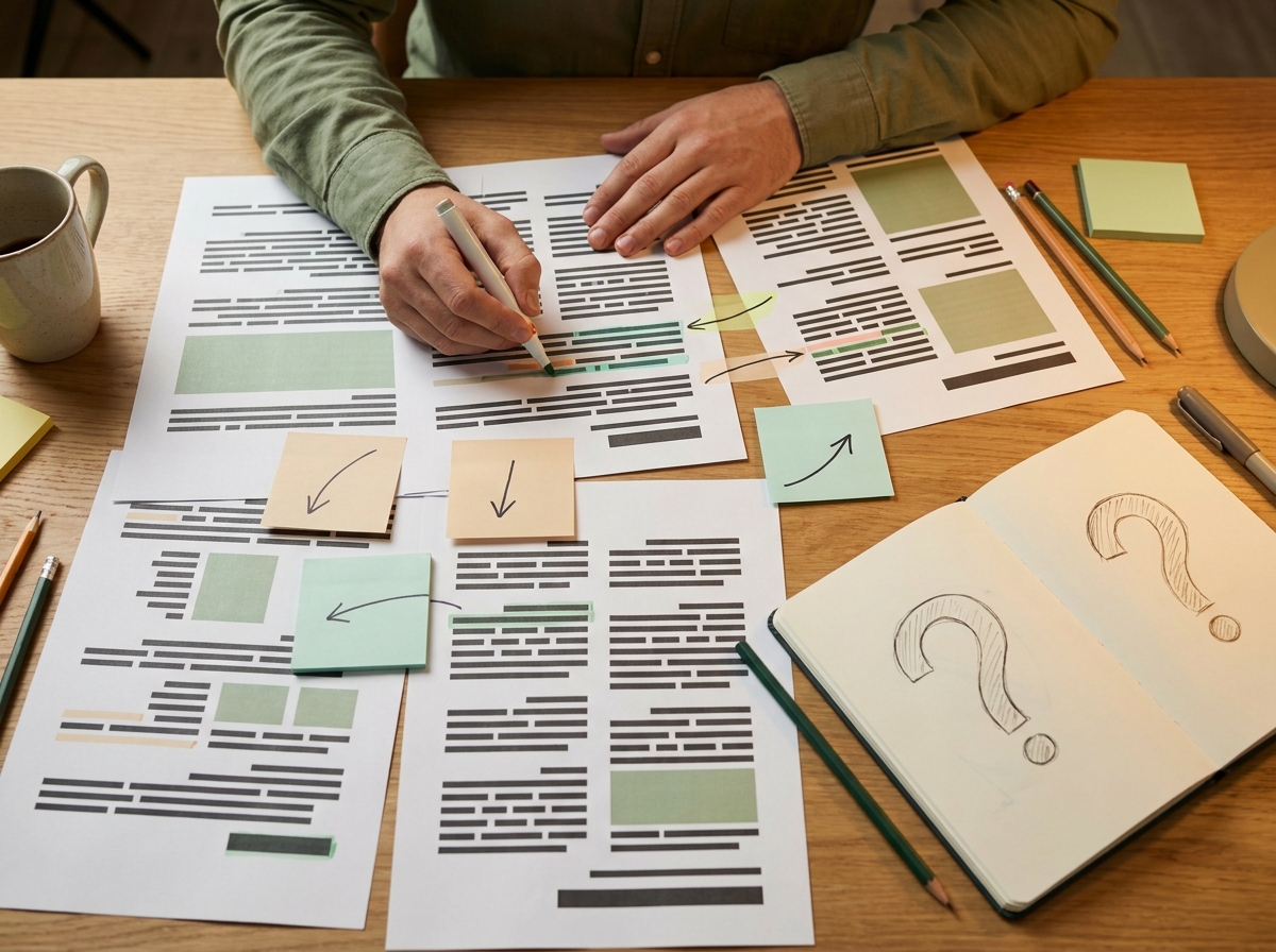Markierte Ausdrucke mit Überschriftenstruktur und verbindenden Pfeilen aus Klebezetteln auf Schreibtisch