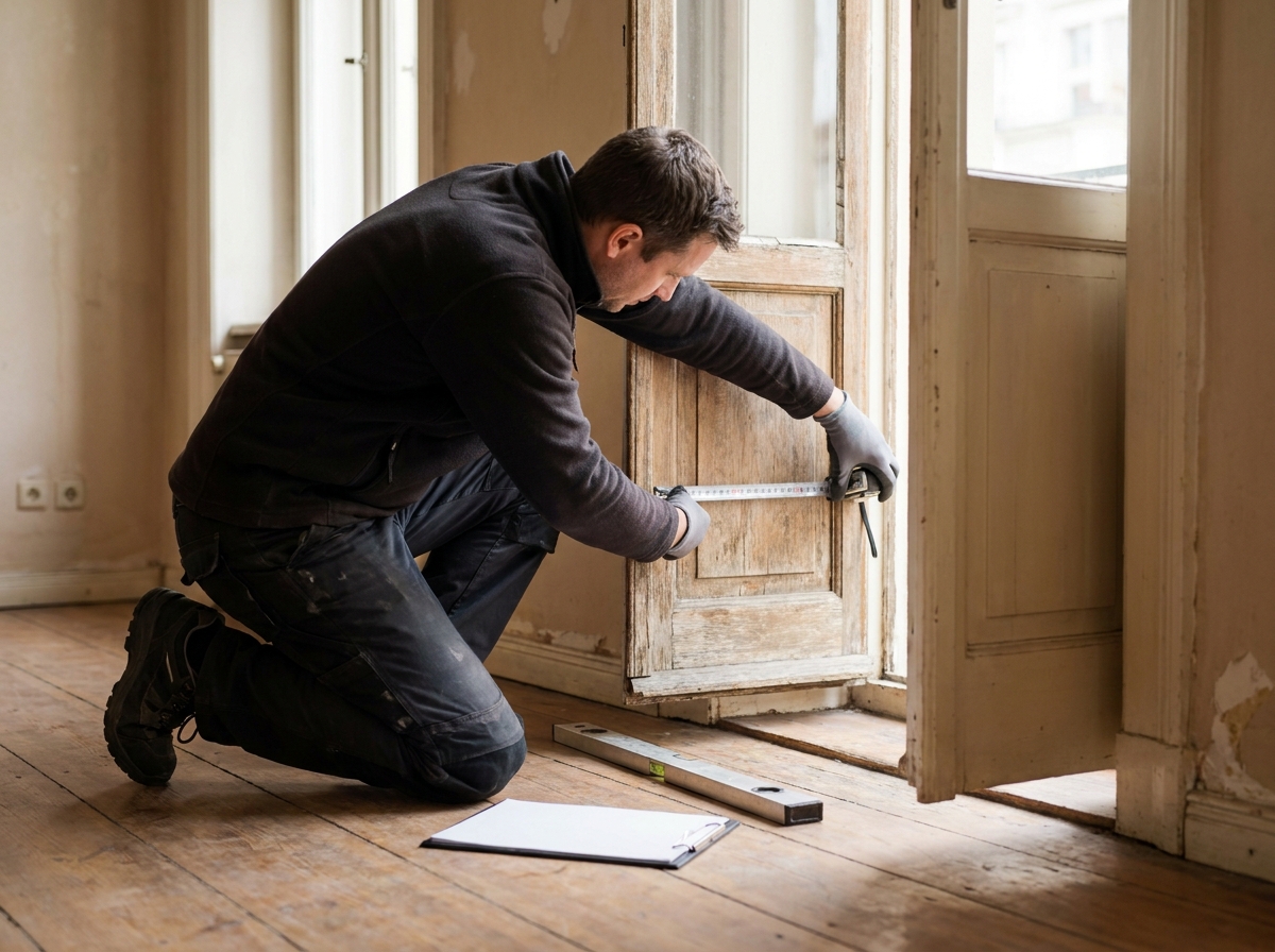 Handwerker misst den Fensterrahmen vor dem Verglasungstausch in einem Altbau