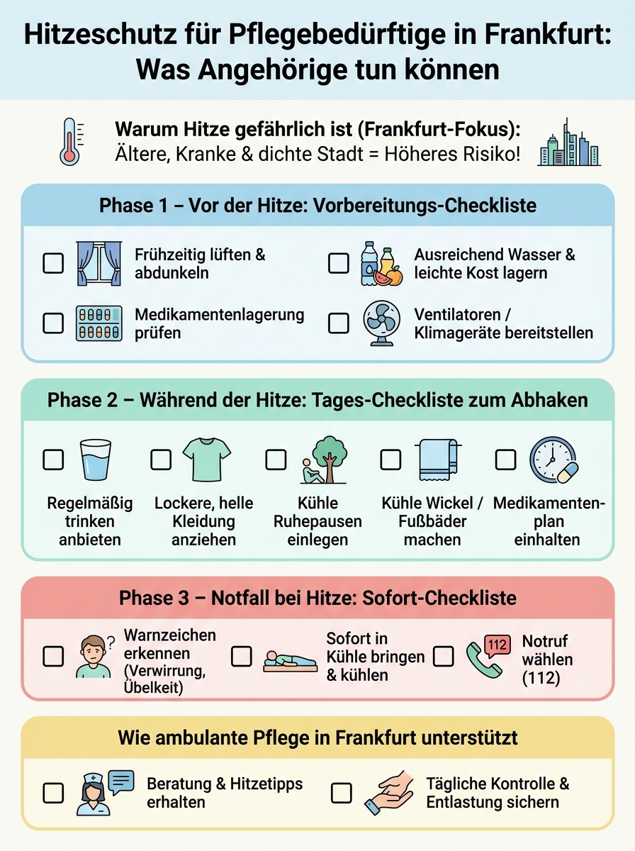 Checklisten-Visual: Hitzeschutz für Pflegebedürftige in Frankfurt: Was Angehörige an heißen Tagen tun können