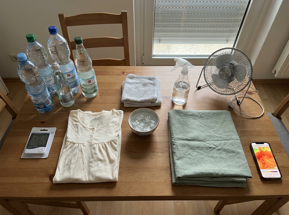 Esstisch mit systematisch angeordneten Hitzeschutz-Vorbereitungen wie Wasserflaschen, Thermometer und Baumwollwäsche