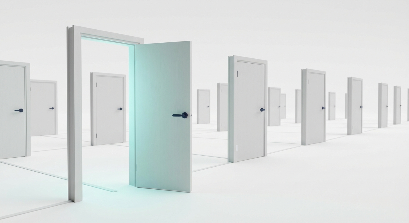 Reihen offener Türen mit Teal-Licht als Metapher für Blogartikel als neue Einstiegsseiten