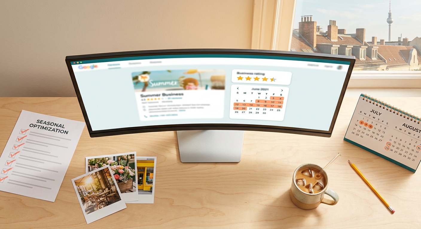 Schreibtisch mit Monitor, Sommer-Checkliste und Fotos für saisonale Profilaktualisierung, Berliner Dächer im Hintergrund