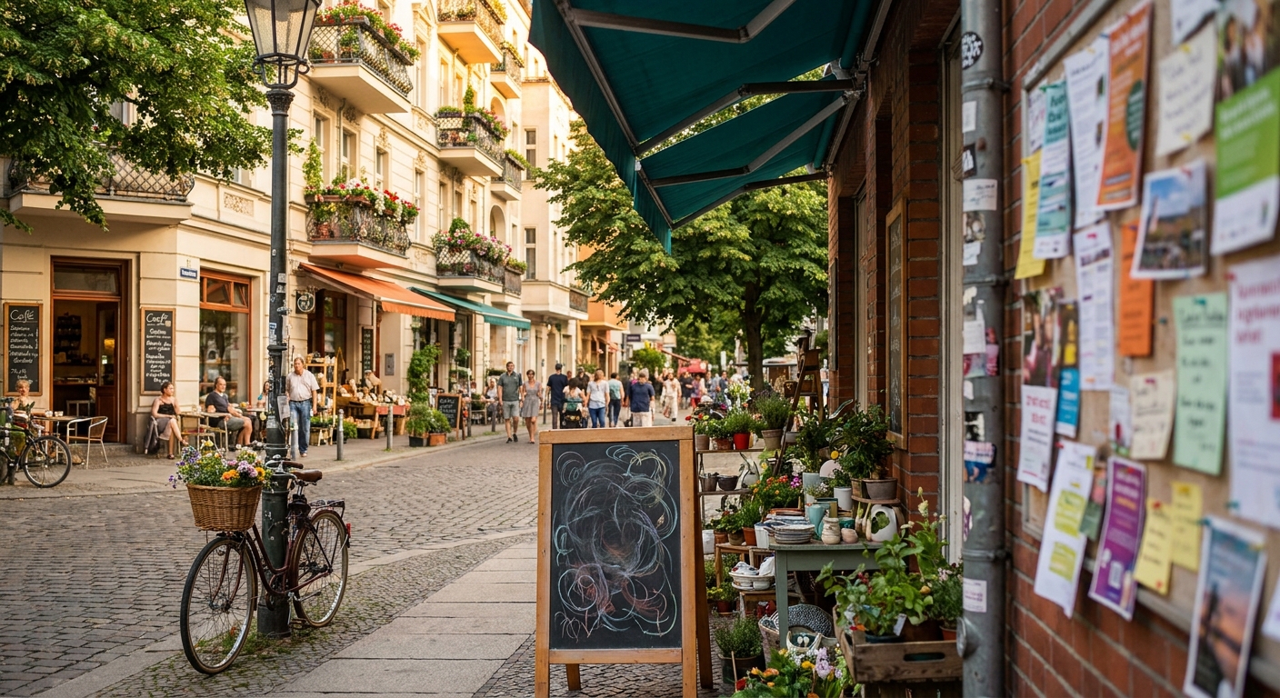 Belebte Berliner Kiez-Straße im Sommer mit lokalen Geschäften, Gemeinschaftsaushängen und blühenden Altbau-Fassaden