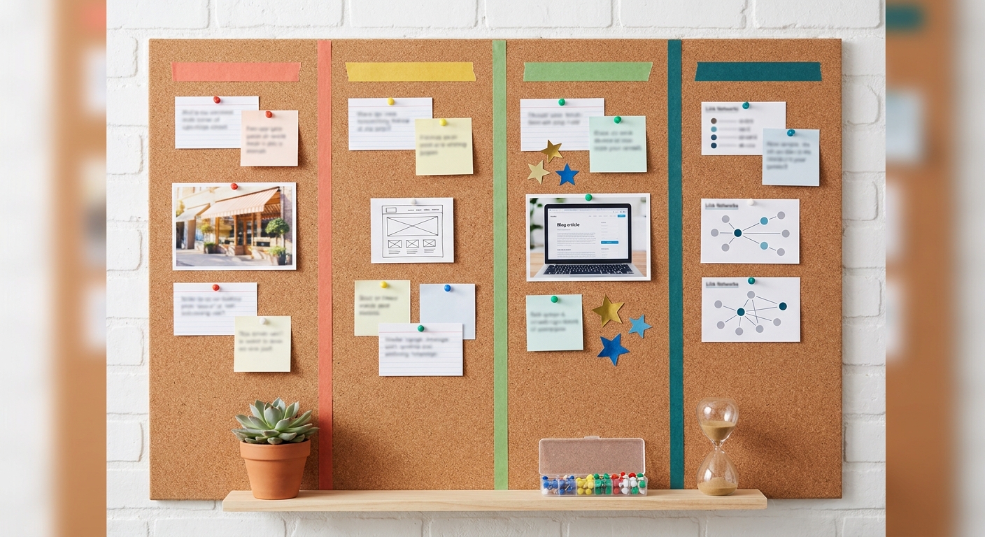 Pinnwand mit vier farblich getrennten Wochen-Spalten, Notizen und Fotos für einen strukturierten Sommer-SEO-Plan
