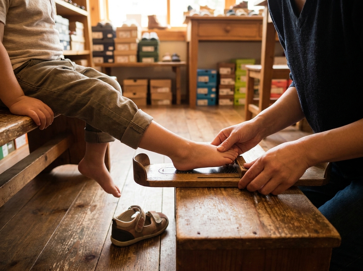 Ein Kinderfuß wird mit einem Messgerät in einem Schuhgeschäft vermessen
