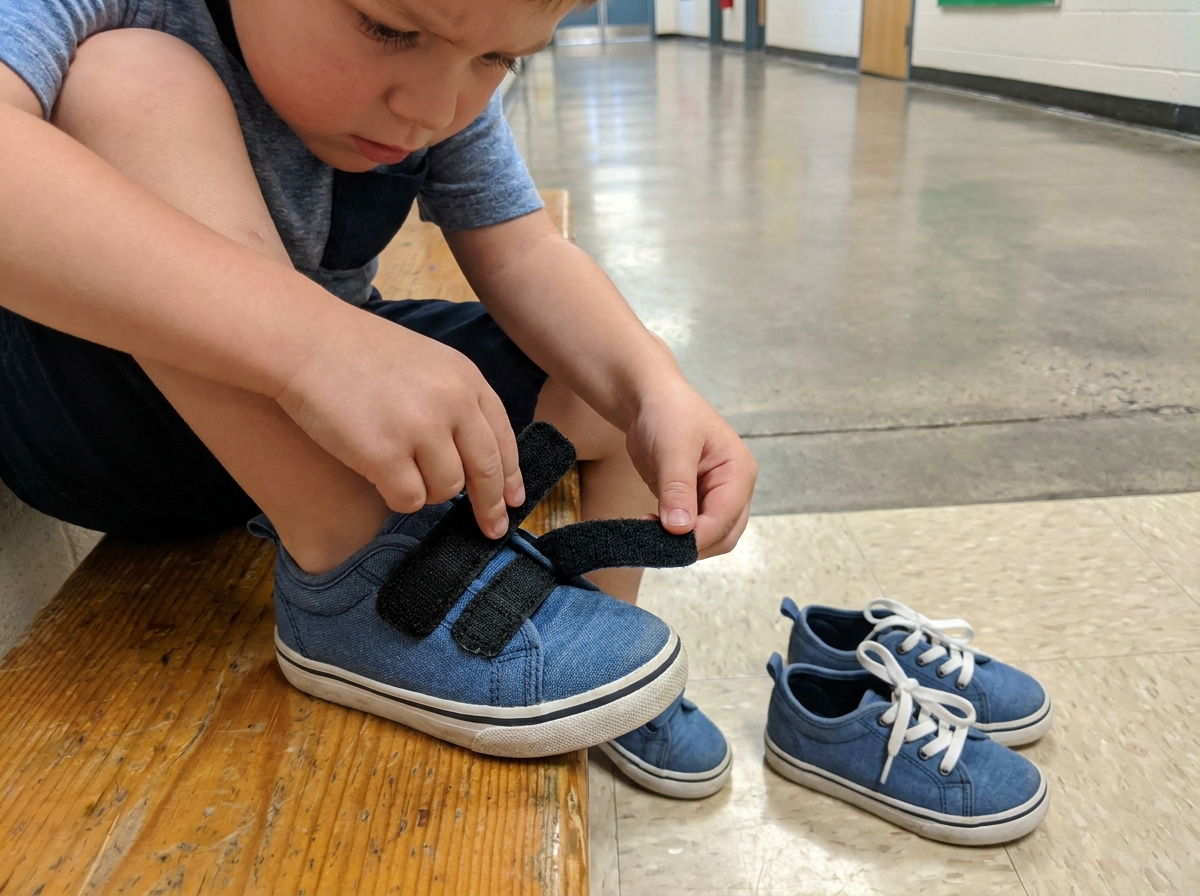 Ein Kind schließt selbstständig den Klettverschluss an einem Sportschuh