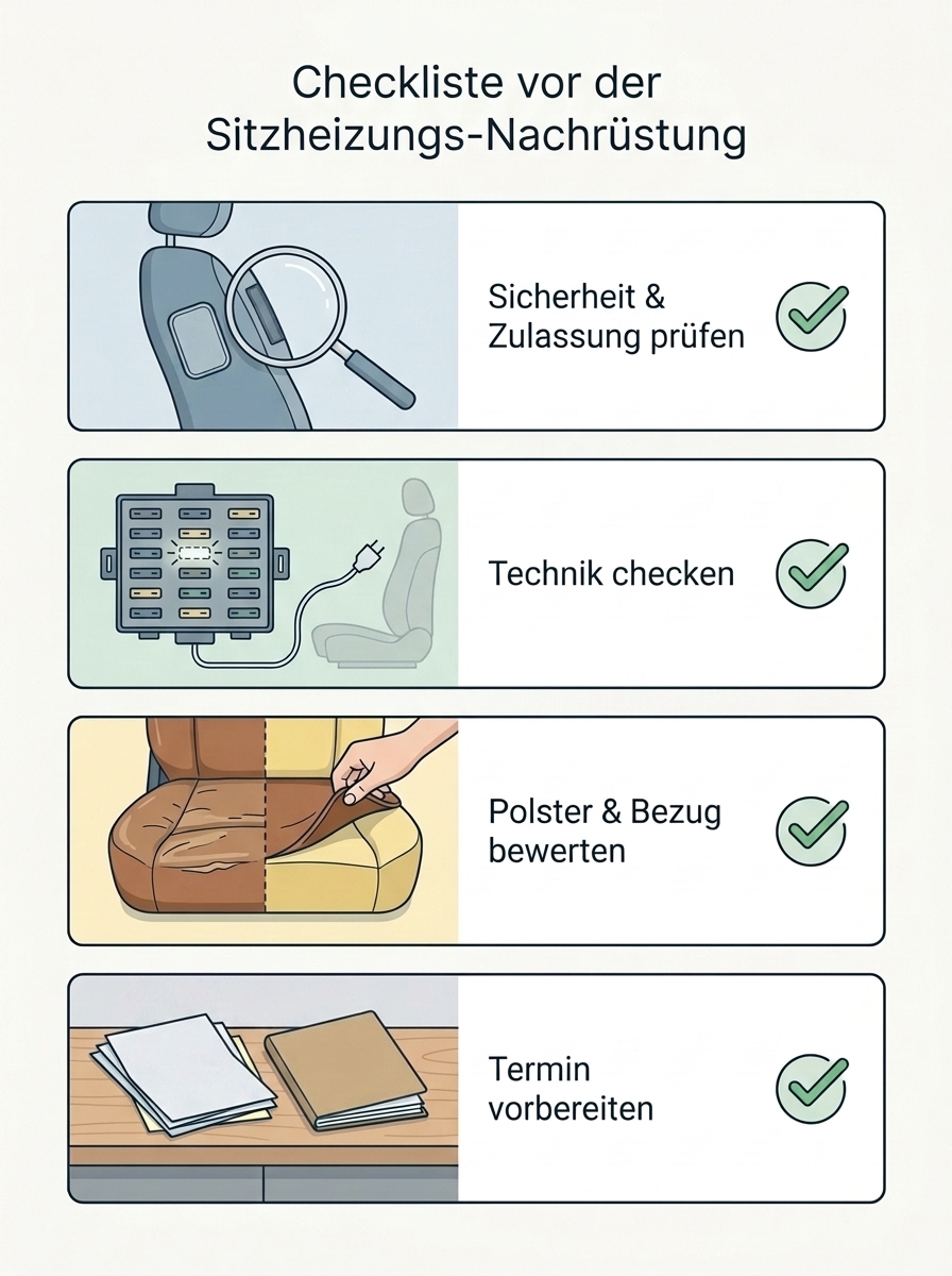 Checklisten-Visual: Nachrüstung von Sitzheizungen – Voraussetzungen, Einbau und Vorteile speziell in älteren Fahrzeugen
