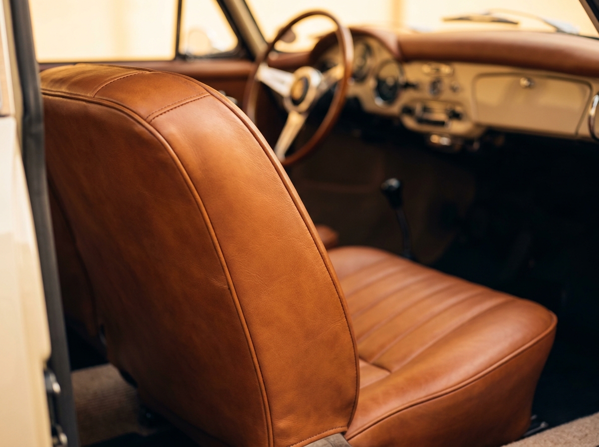 Originalgetreu bezogener Oldtimersitz ohne sichtbare moderne Technik am Bezug