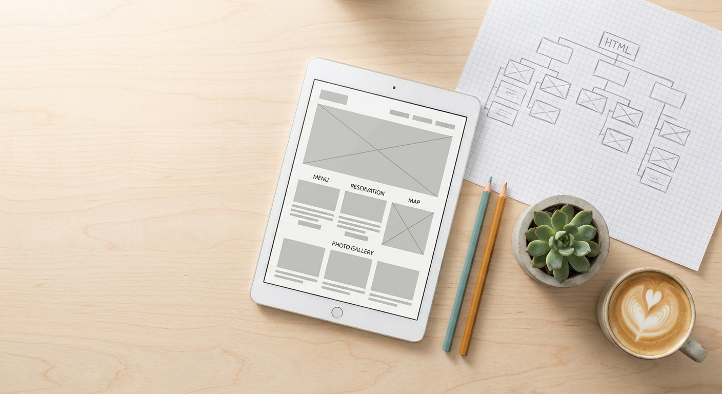 Tablet mit Website-Wireframe und Sitemap-Skizze auf hellem Schreibtisch in Draufsicht