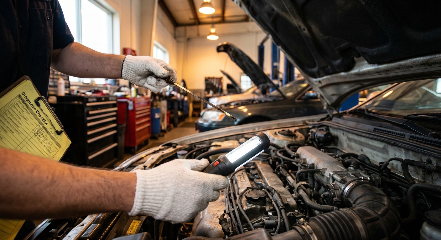 Detailaufnahme einer technischen Gebrauchtwagenprüfung im Motorraum