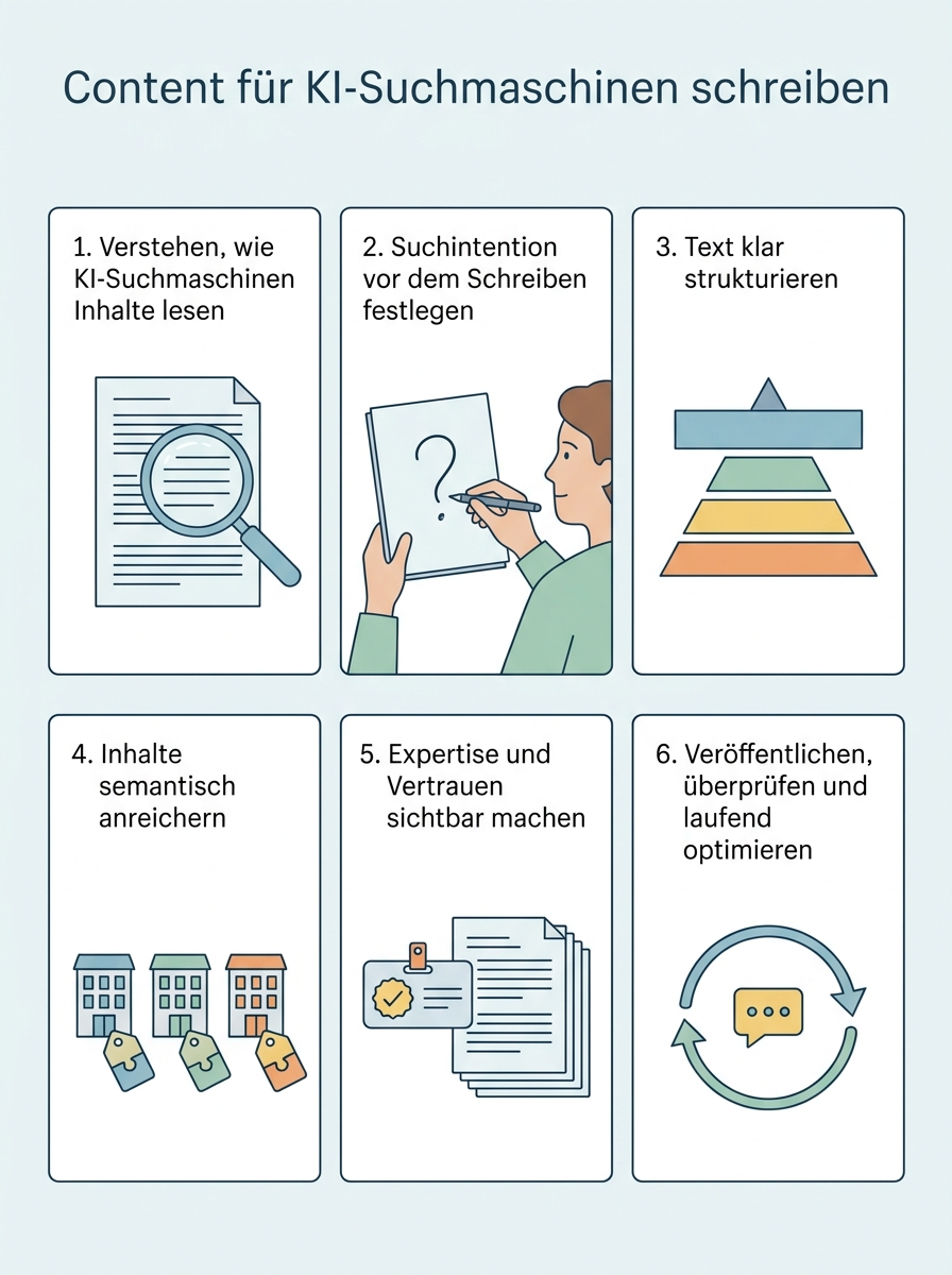 Ablaufdiagramm: Content für KI-Suchmaschinen schreiben: Der Ratgeber für Texte, die ChatGPT & Co. verstehen