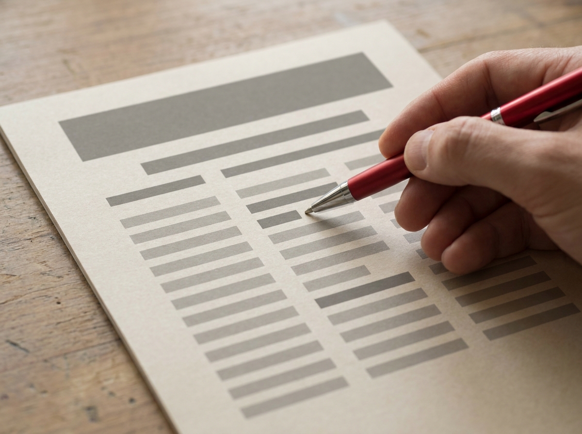 Wireframe-artiges Dokument mit klarer Überschriften- und Absatzhierarchie, Stift markiert ersten Absatz