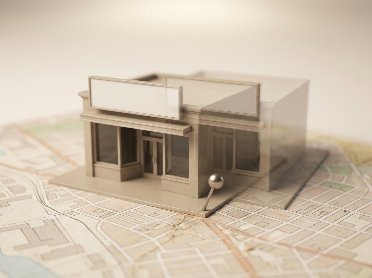 Zwei deckungsgleiche Miniatur-Ladenmodelle über einem Kartenpunkt symbolisieren konsistente Unternehmensdaten