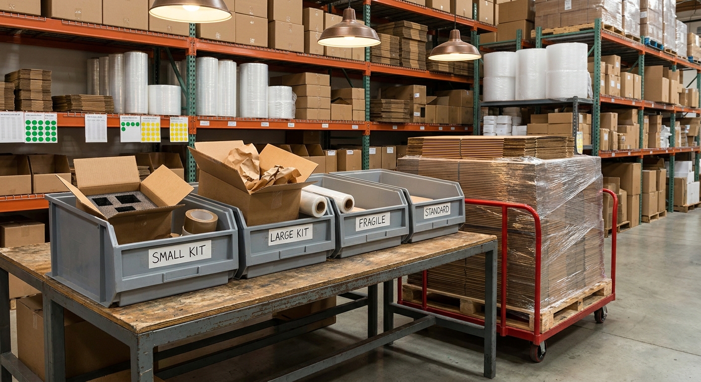 Vorkommissionierte Verpackungskits in Wannen vor voll bestücktem Materialregal im Lager