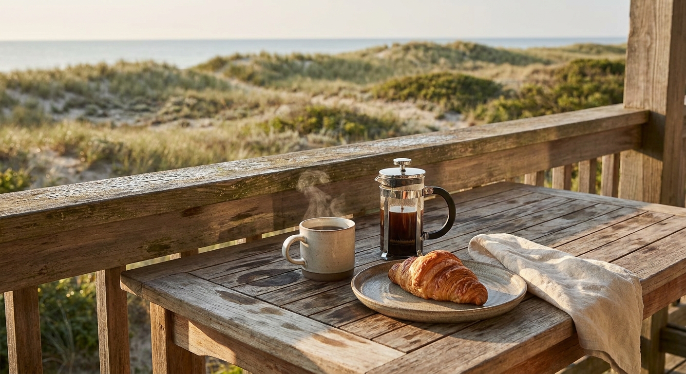 Frühstücksszene mit Kaffee auf sonnigem Balkon mit Blick über Dünenlandschaft im Frühling