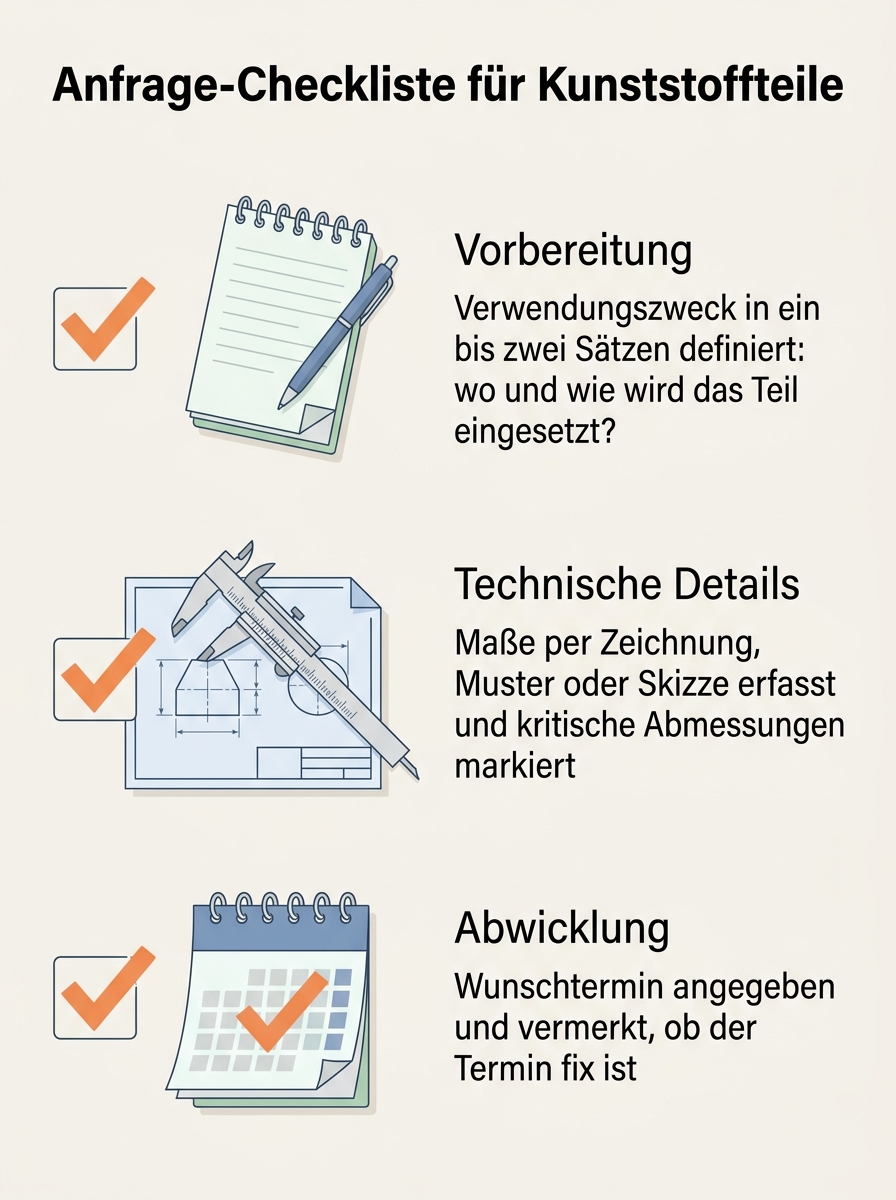 Checklisten-Visual: Checkliste für Kunden: Material, Menge, Maße, Liefertermin, Toleranzen, Oberfläche, Verwendungszweck