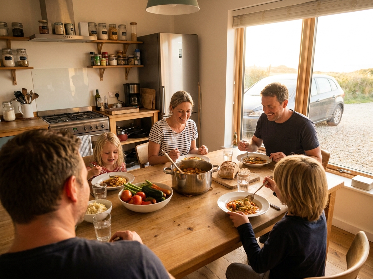Familie kocht und isst selbst in ausgestatteter Ferienwohnungsküche mit Blick auf eigenen Parkplatz