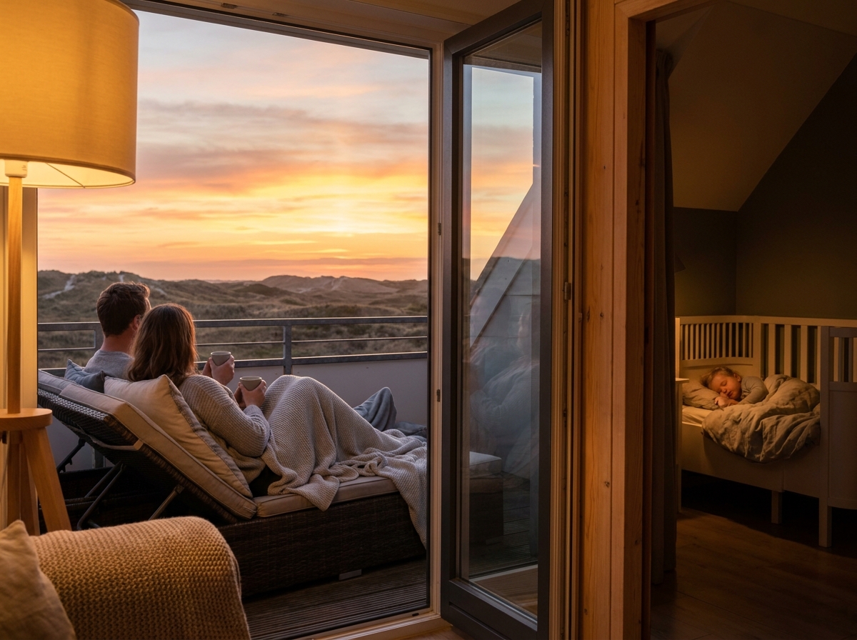 Paar genießt Abend auf Balkon mit Dünenblick, während Kind im Nebenzimmer schläft