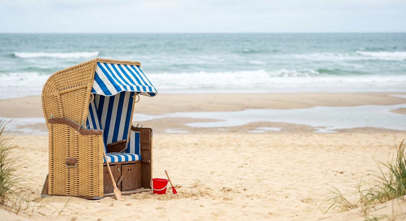 Blau-weiĂźer Strandkorb auf hellem Sandstrand mit Nordseewellen und Sandspielzeug