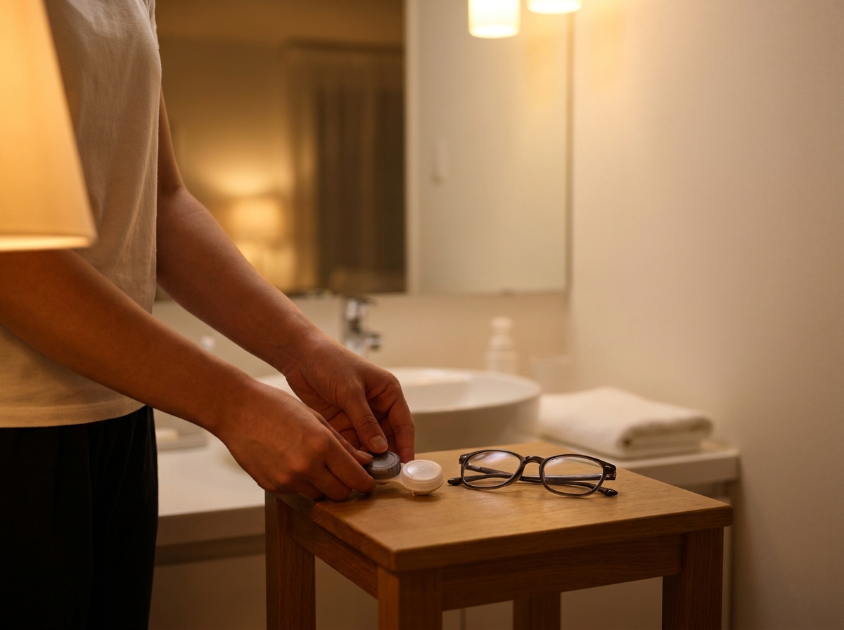 Kontaktlinsenbehälter und Brille liegen abends nebeneinander auf einem Tisch.