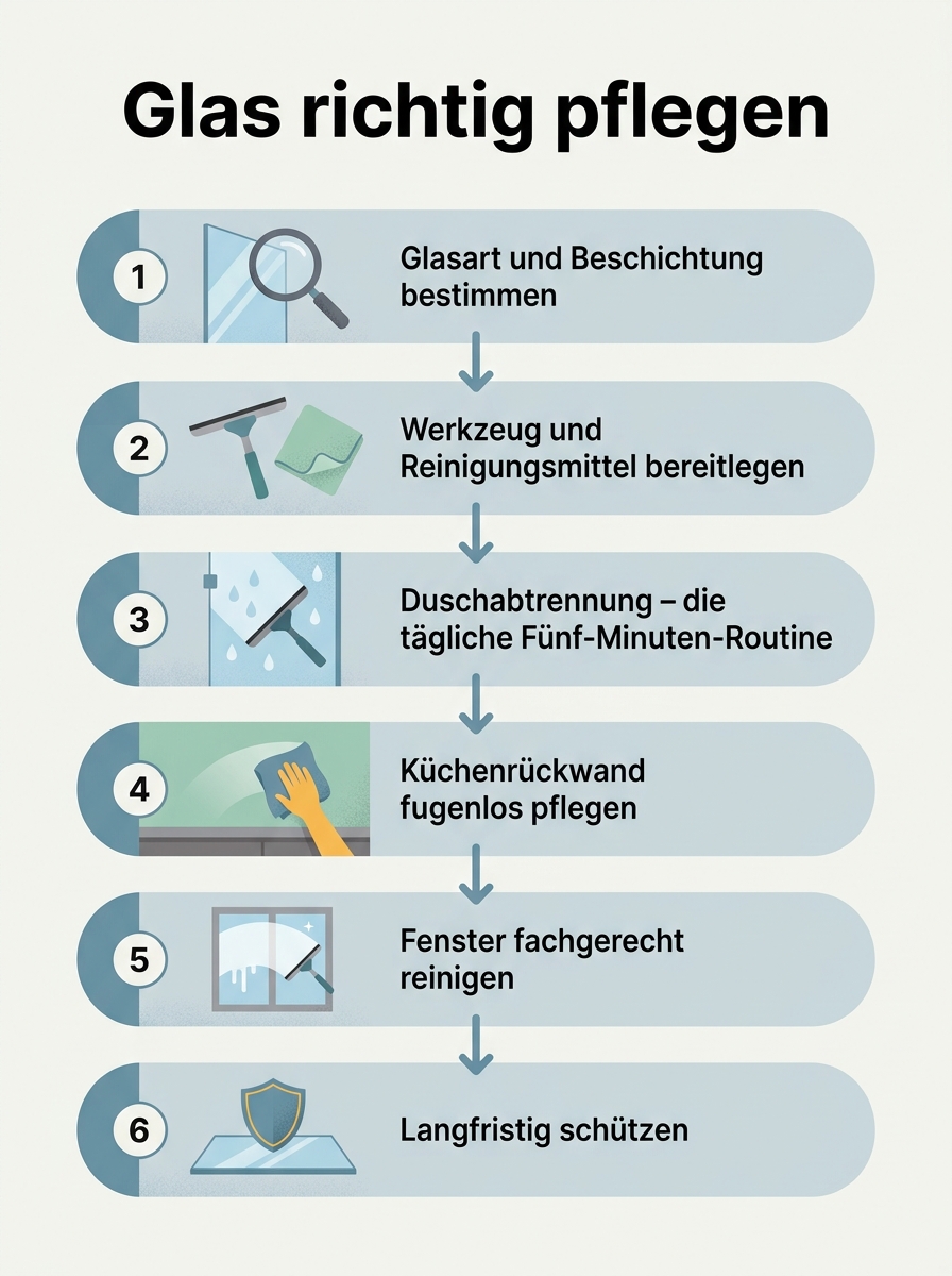 Ablaufdiagramm: Pflegetipps für Duschabtrennungen, Küchenrückwände, Glastrennwände und Fenster
