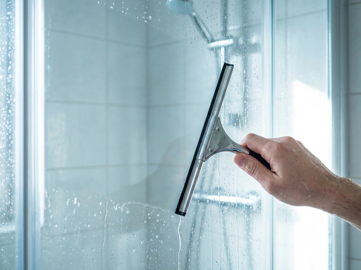 Hand zieht mit Gummiabzieher Wasserfilm von oben nach unten von der Duschscheibe ab
