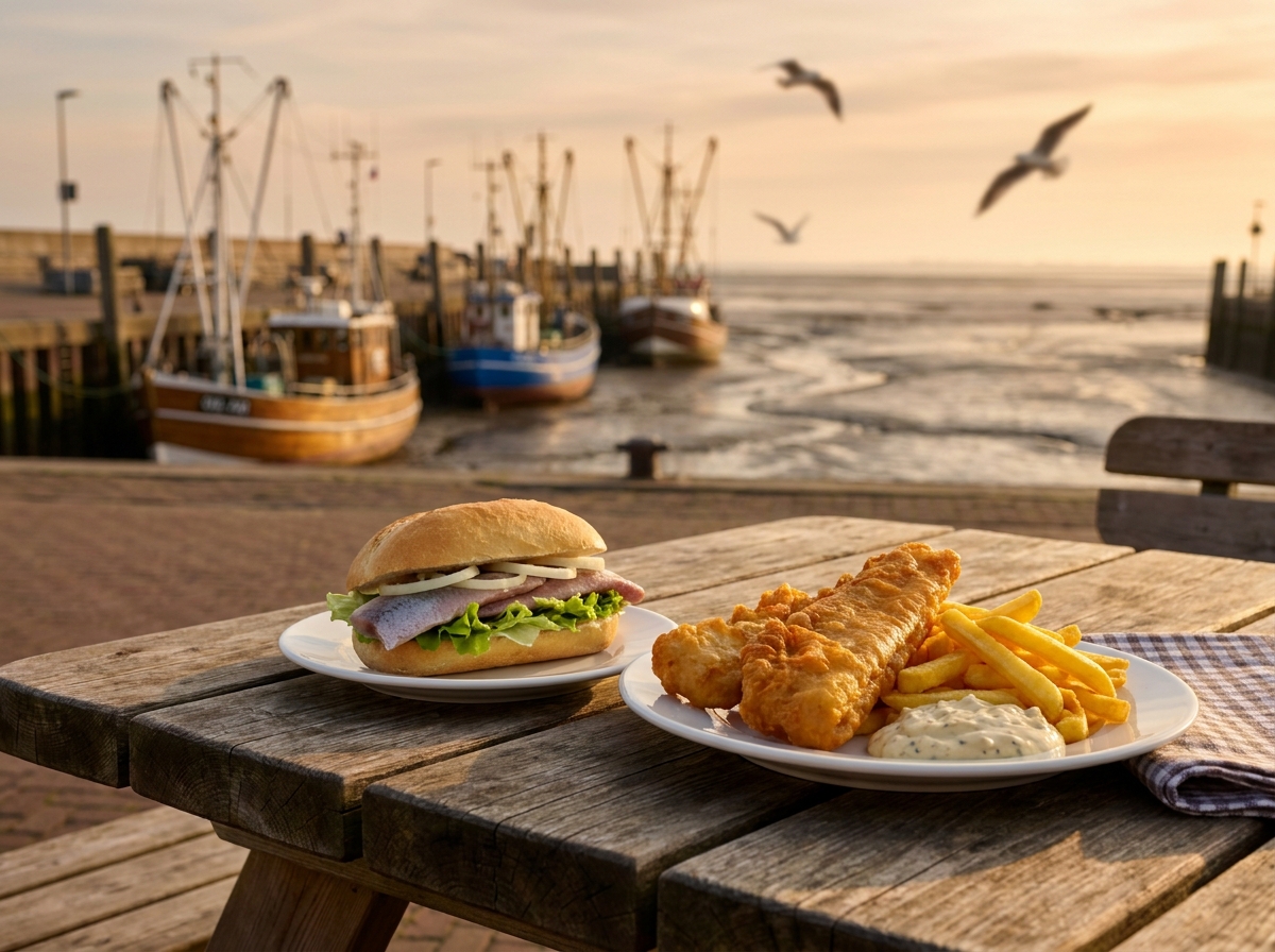 Fischbrötchen und Backfischteller auf Holztisch am Lister Hafen mit Kuttern im Hintergrund