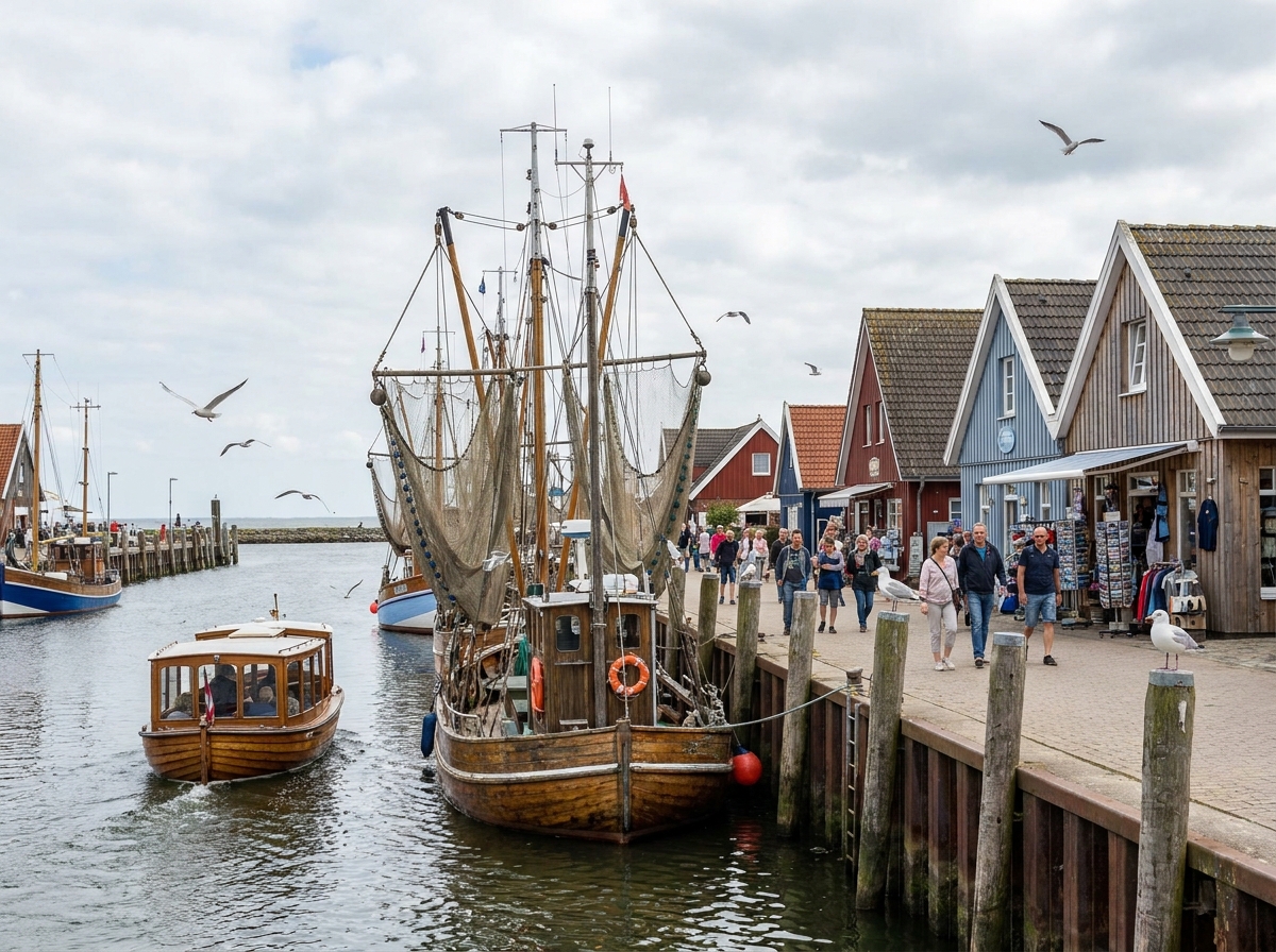 Lister Hafen mit Fischkuttern, Stegen und Spaziergängern entlang der Uferpromenade