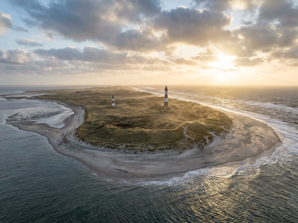 Zwei Leuchttürme auf der Dünenhalbinsel Ellenbogen zwischen Wattenmeer und Nordsee im Abendlicht