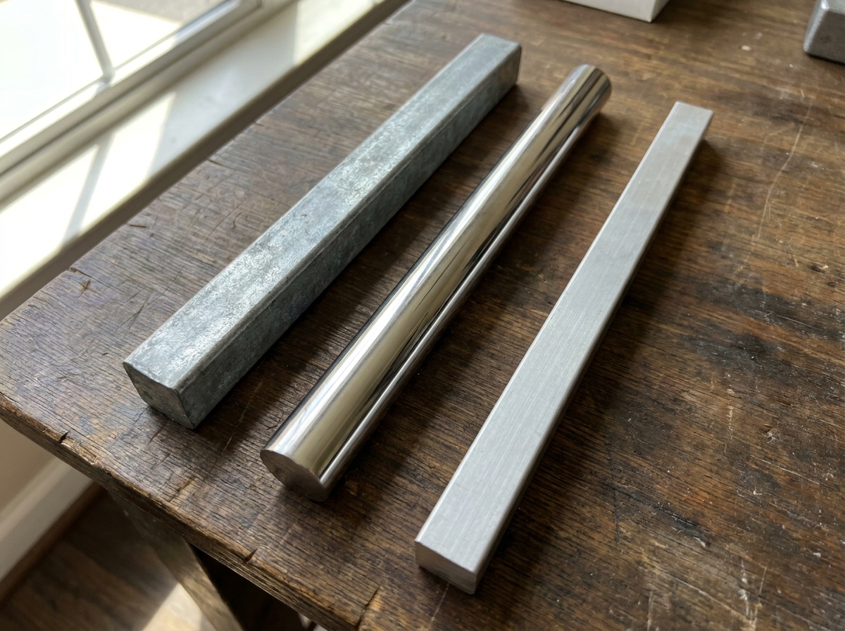 Drei Metallproben aus verzinktem Stahl, Edelstahl und Aluminium im Vergleich