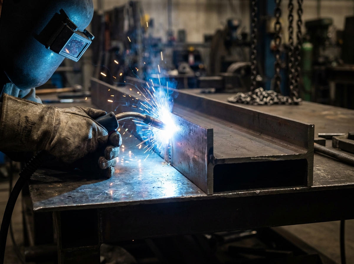 Schweißarbeiten an einem massiven Stahlträger in einer Metallwerkstatt