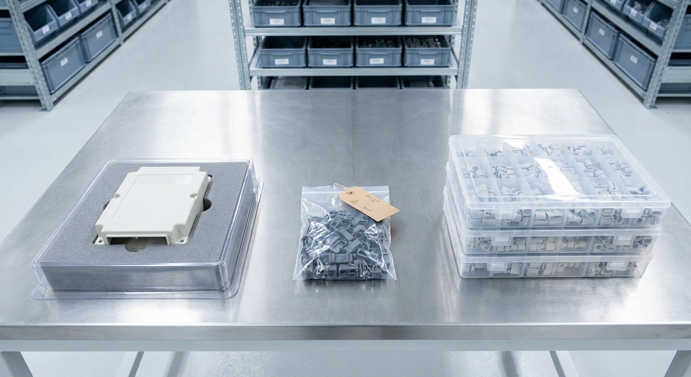 Packtisch mit Einzelteil, Kleinserie und Serienverpackung zeigt flexible Stückzahlen aus einer Produktion