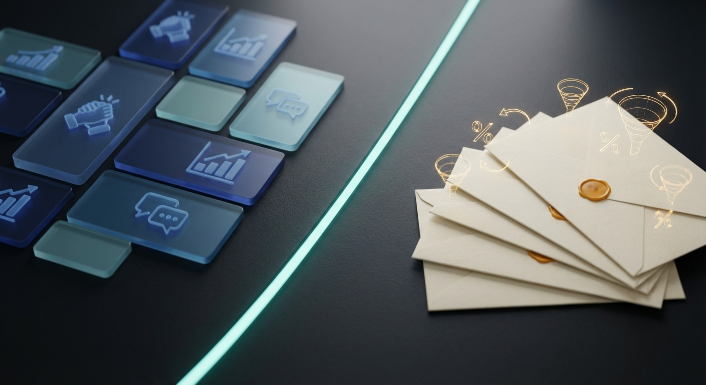 Draufsicht auf Schreibtisch mit gläsernen Netzwerk-Kacheln und Briefumschlägen als Kanalvergleich