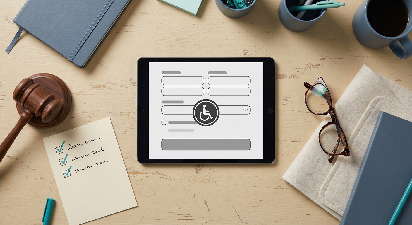 Tablet mit Webshop-Wireframe, Richterhammer und Checkliste auf aufgeräumtem Arbeitsplatz