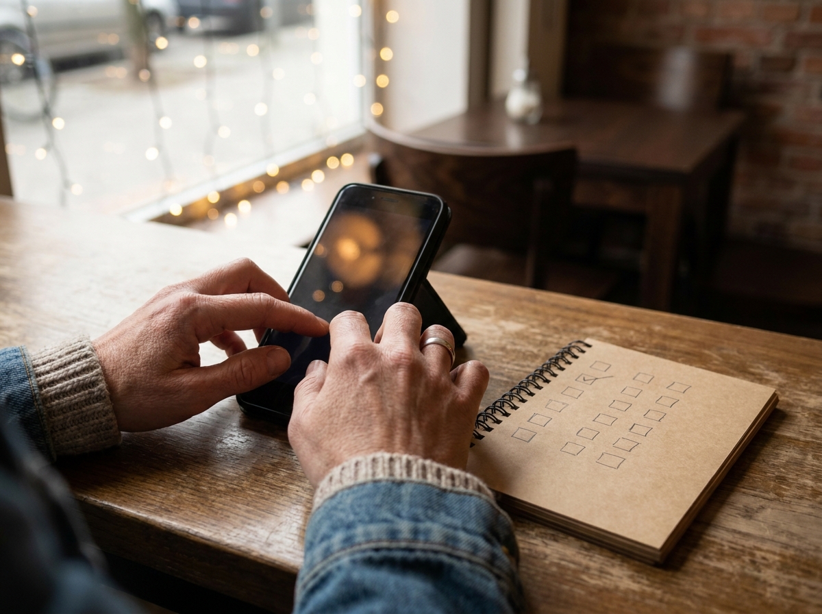 Person beantwortet auf dem Smartphone Kommentare neben einem einfachen Checklistenblock