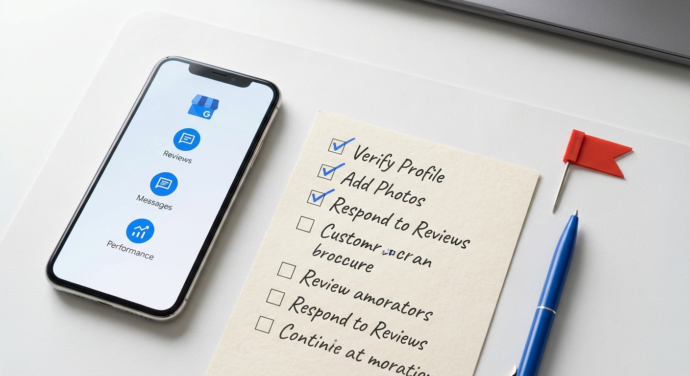 Schreibtisch mit Smartphone zeigt Google Unternehmensprofil, daneben Checkliste fĂĽr Bewertungs-Meldeprozess