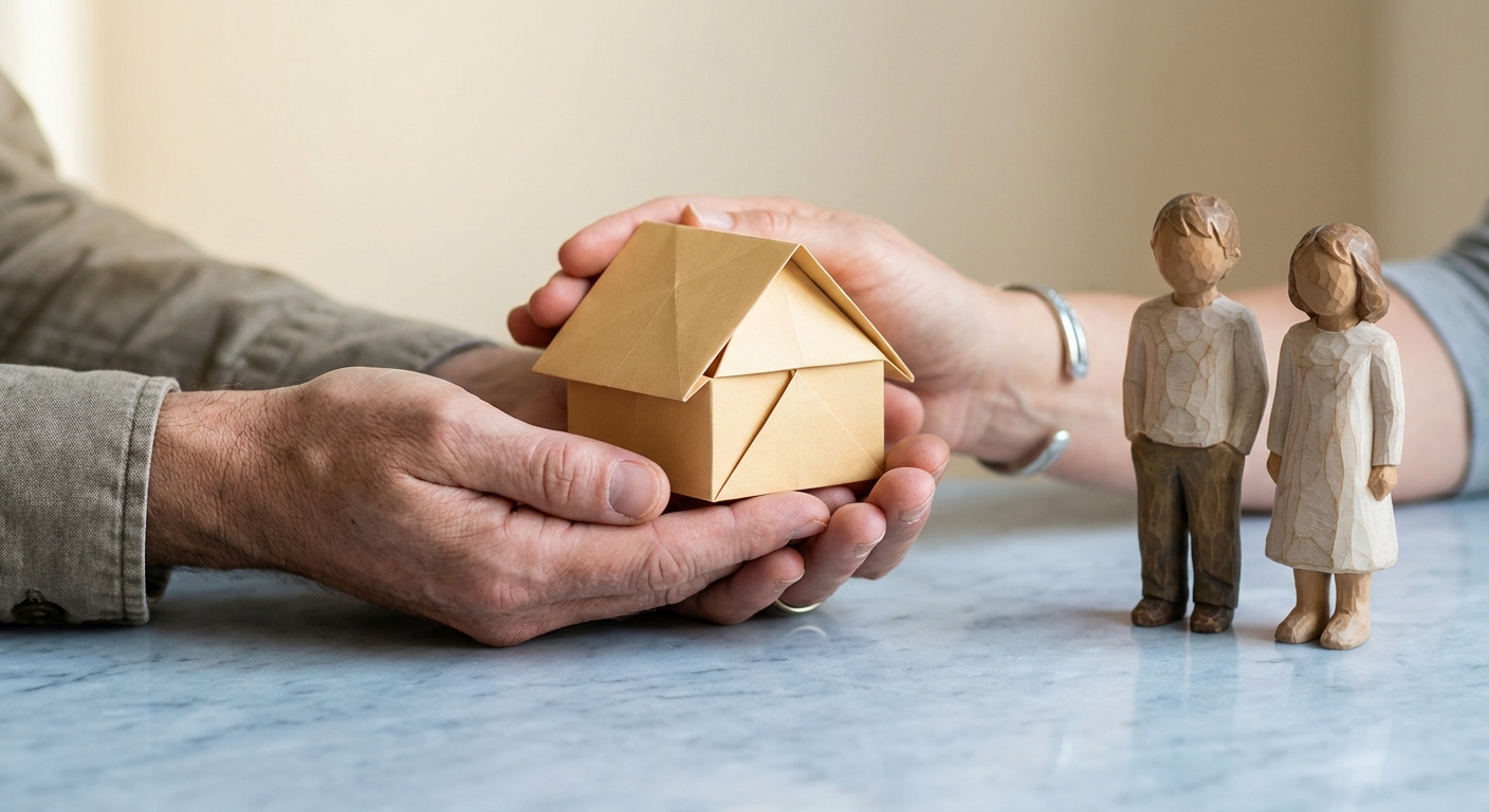 Zwei Hände halten gemeinsam ein Origami-Haus neben kleinen Holzfiguren von Kindern