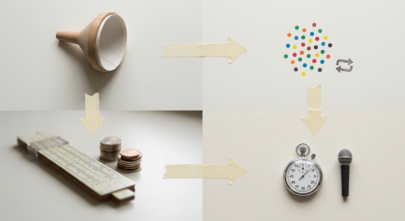 Vier verbundene Arbeitszonen mit Trichter, Reichweitenpunkten, Rechenwerkzeug und Uhr als Budget-Rechenweg
