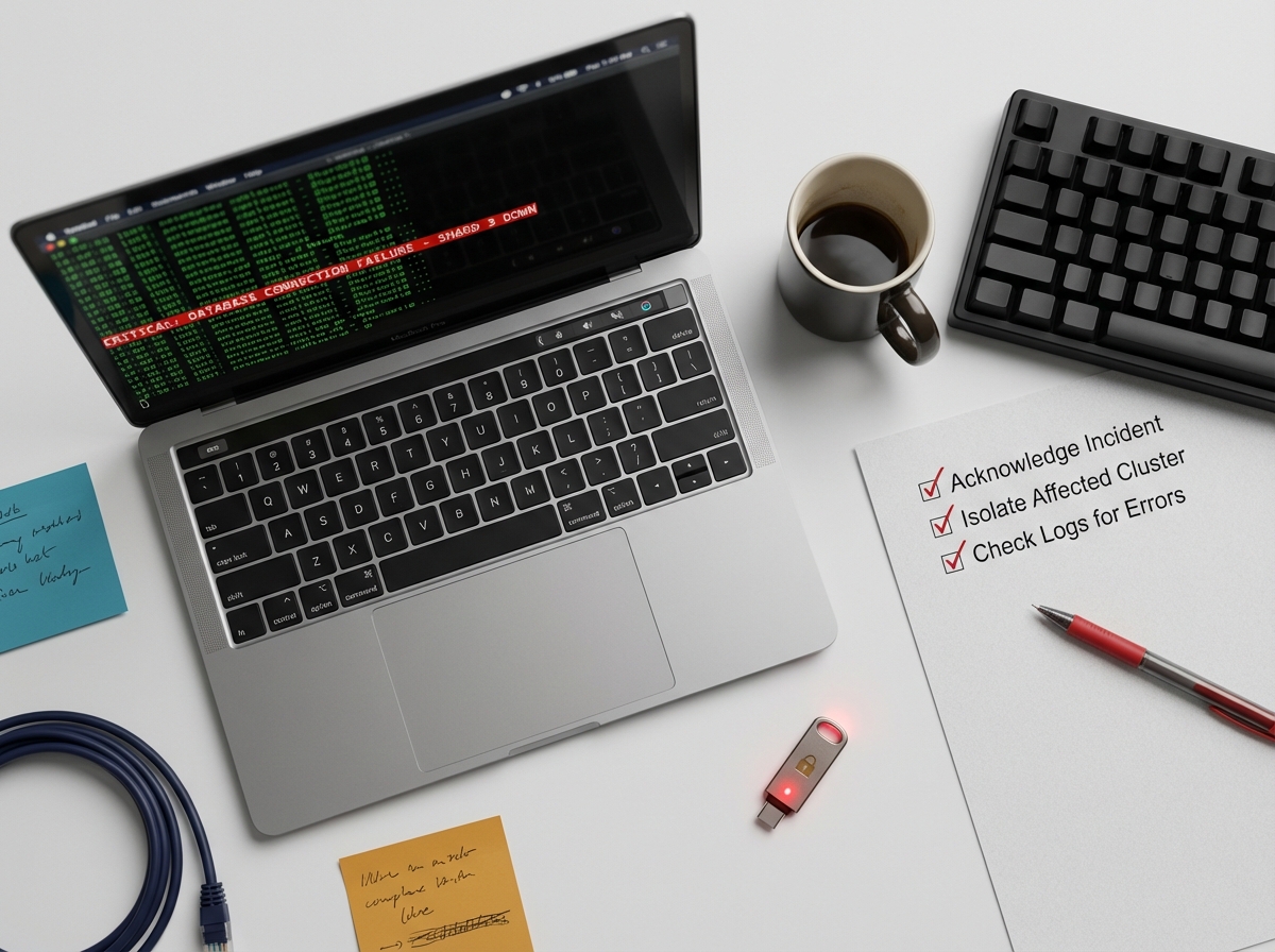 Arbeitsplatz mit Laptop, Sicherheits-Checkliste und Hardware-Security-Key bei der VorfallprĂĽfung