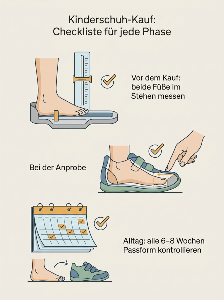 Checklisten-Visual: Überblick über die Entwicklung von Kinderfüßen vom Baby bis zum Jugendlichen und worauf es in jeder Phase ankommt