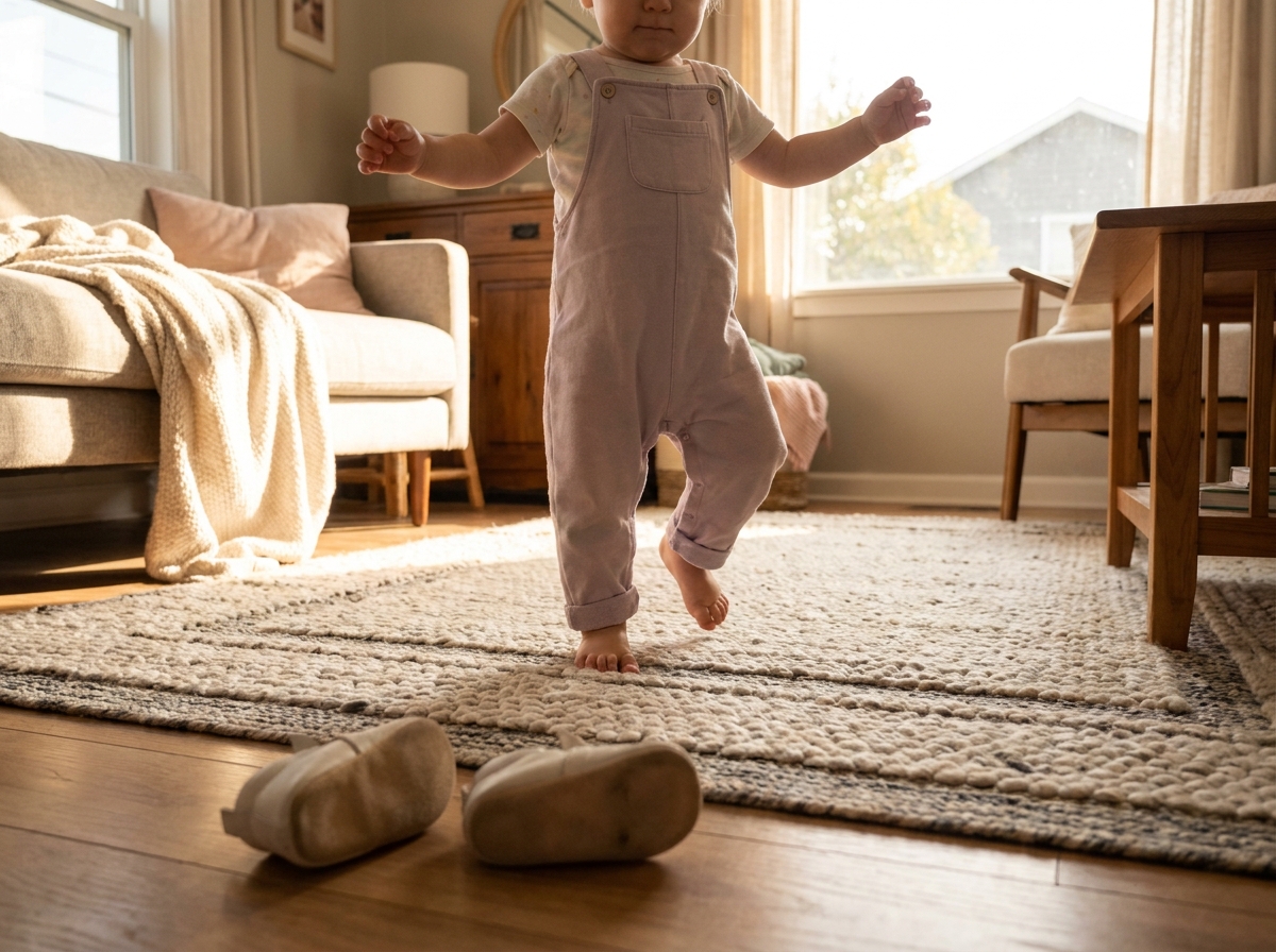 Kleinkind läuft barfuß im Wohnzimmer, daneben weiche flexible erste Schuhe