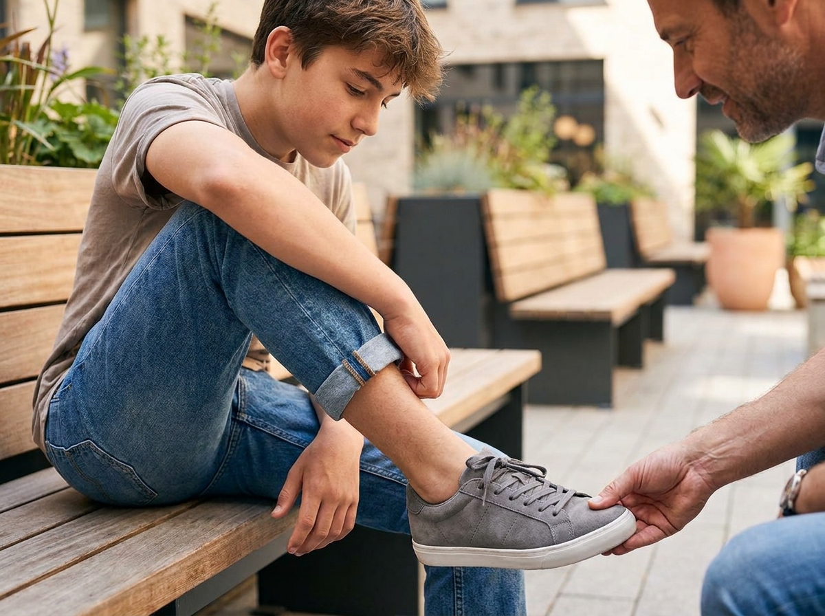 Jugendliche:r probiert Sneaker an, während die Passform an der Zehe geprüft wird
