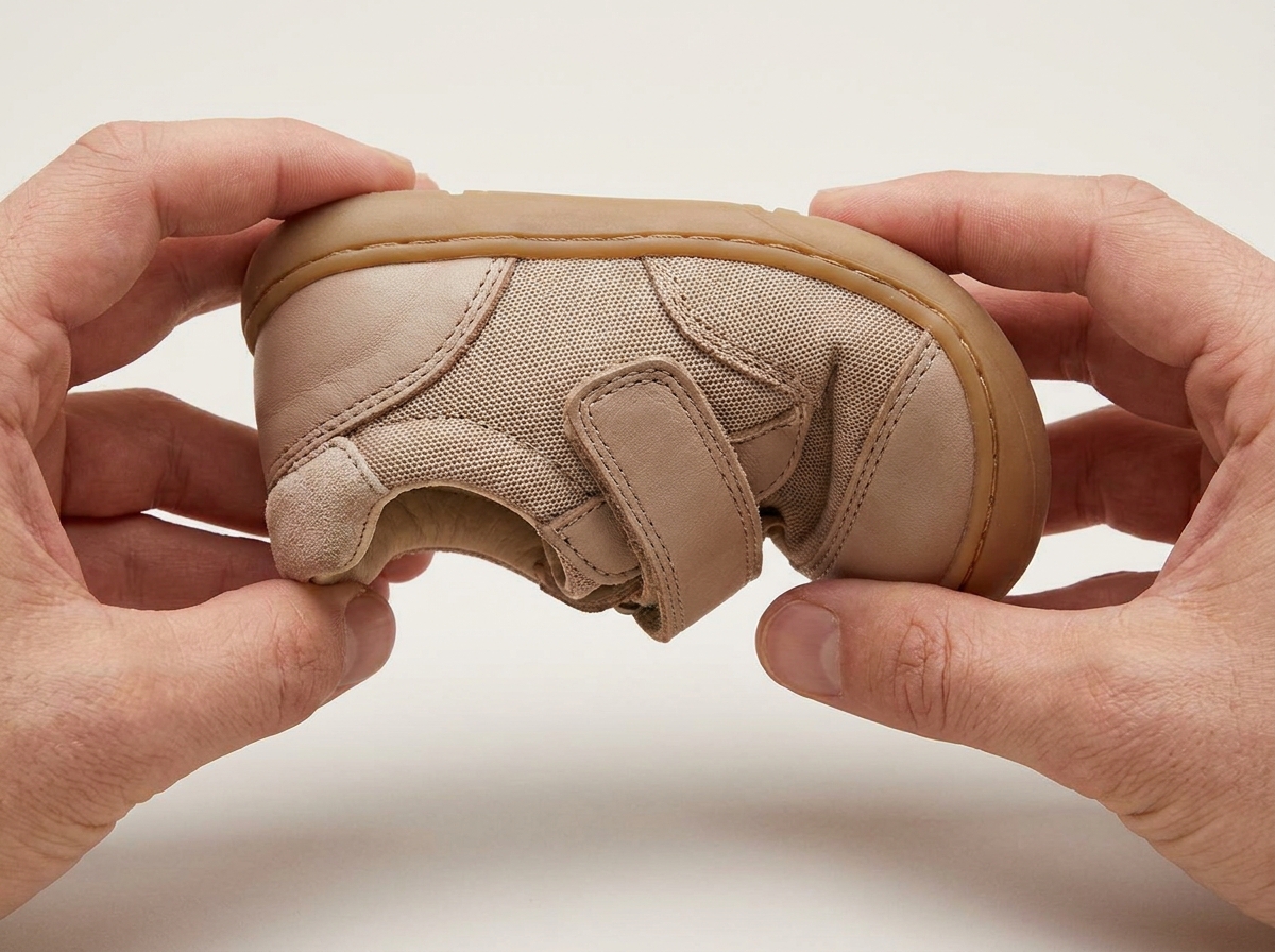 Hände biegen einen Kinderschuh und zeigen flexible Sohle, Fersenkappe und Klettverschluss