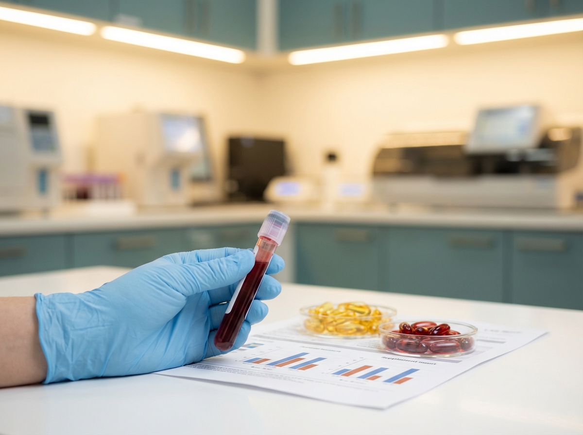 Behandschuhte Hand hält Blutröhrchen neben Laborergebnissen und Nahrungsergänzungskapseln