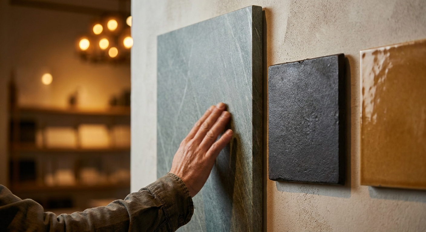 Hand berührt Speckstein-Oberfläche neben Gusseisen- und Keramik-Materialmustern in einer Ofenausstellung