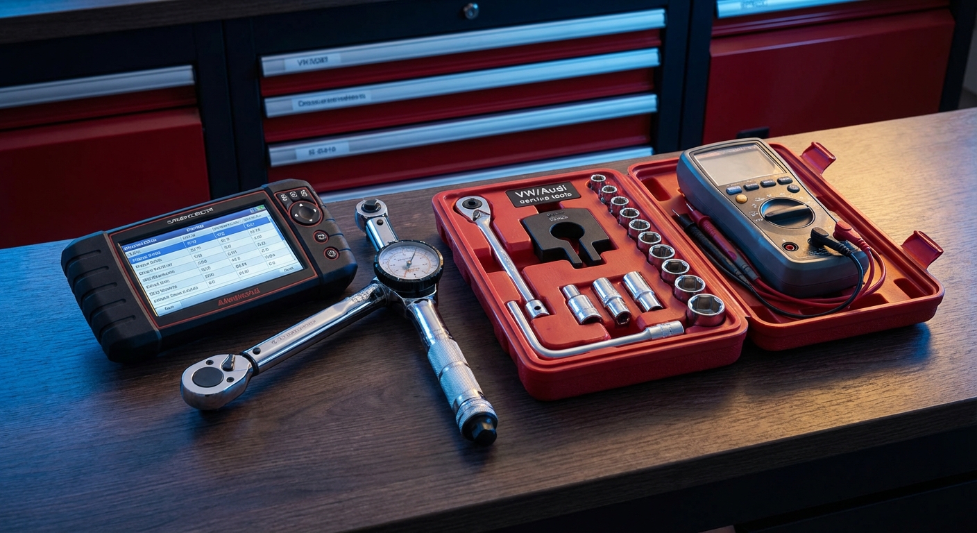Professionelle Kfz-Werkzeuge und Diagnosegeräte auf einer Werkbank angeordnet