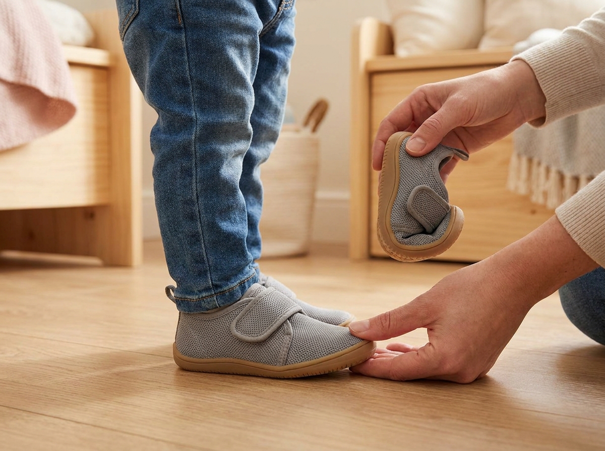Hände prüfen Zehenfreiheit und flexible Sohle an einem Kinderschuh mit Klettverschluss