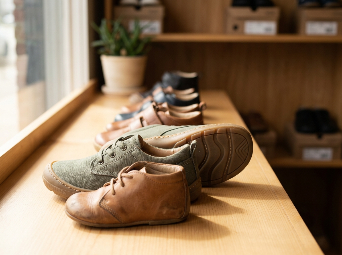 Reihe von Kinderschuhen in aufsteigenden Größen mit sichtbaren sauberen Nähten auf Holztheke